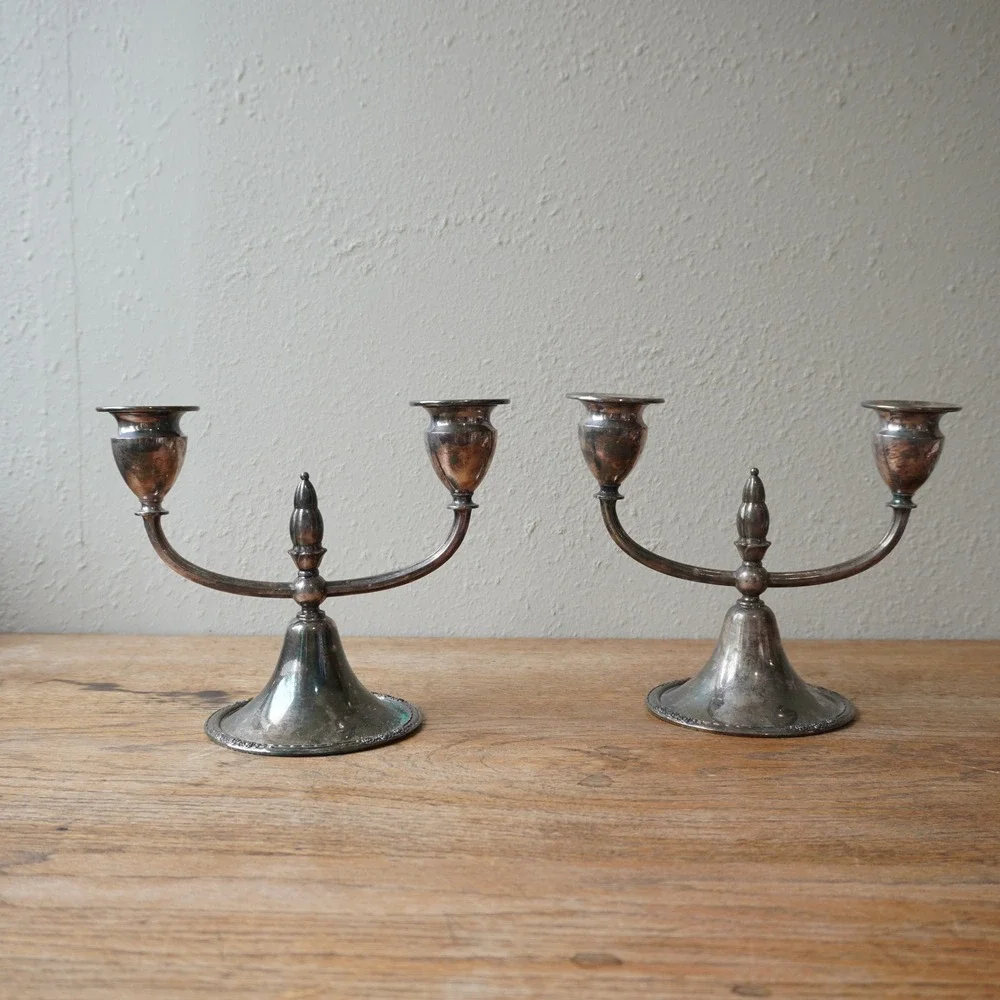 Vintage Silver Plated Candelabra Pair 2-Arm Candle Holder Set Ornate Floral Base
